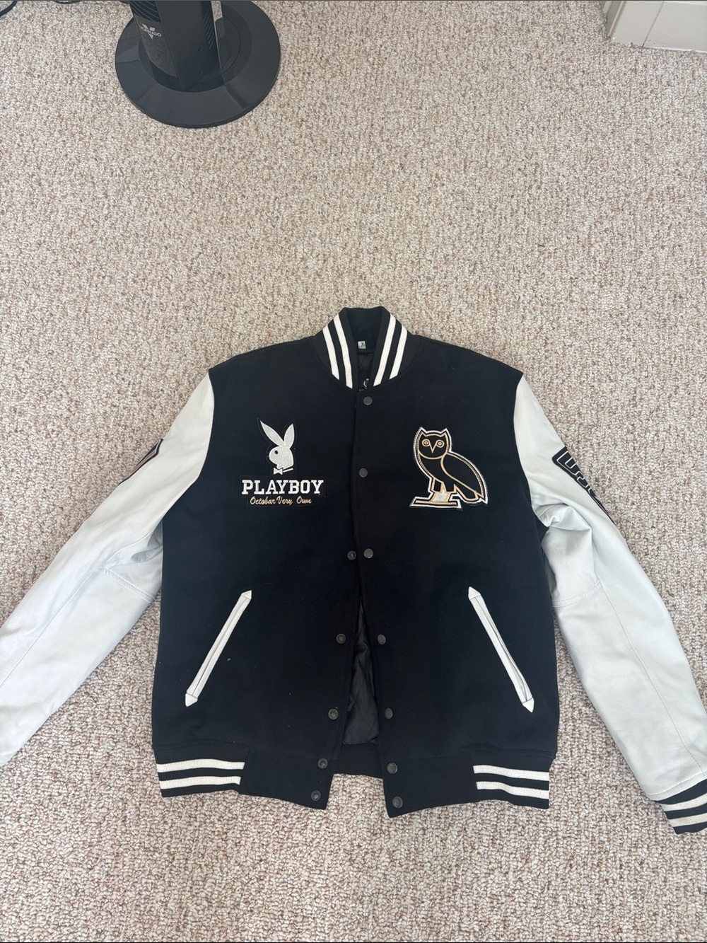 OVO Black and White Varsity Jacket with Playboy & Owl Logos